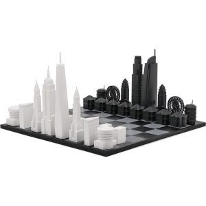 New York Versus Los Angeles Acrylic Chess Set with Black and White Wood Hatch Board